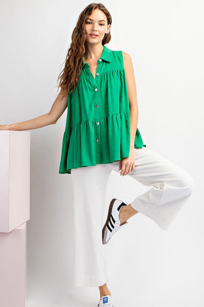 Sienna Soft Washed Tiered Sleevless Top- Kelly Green