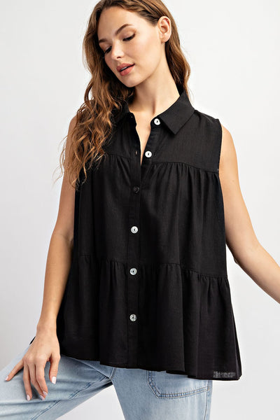 Sienna Soft Washed Tiered Sleevless Top- Black