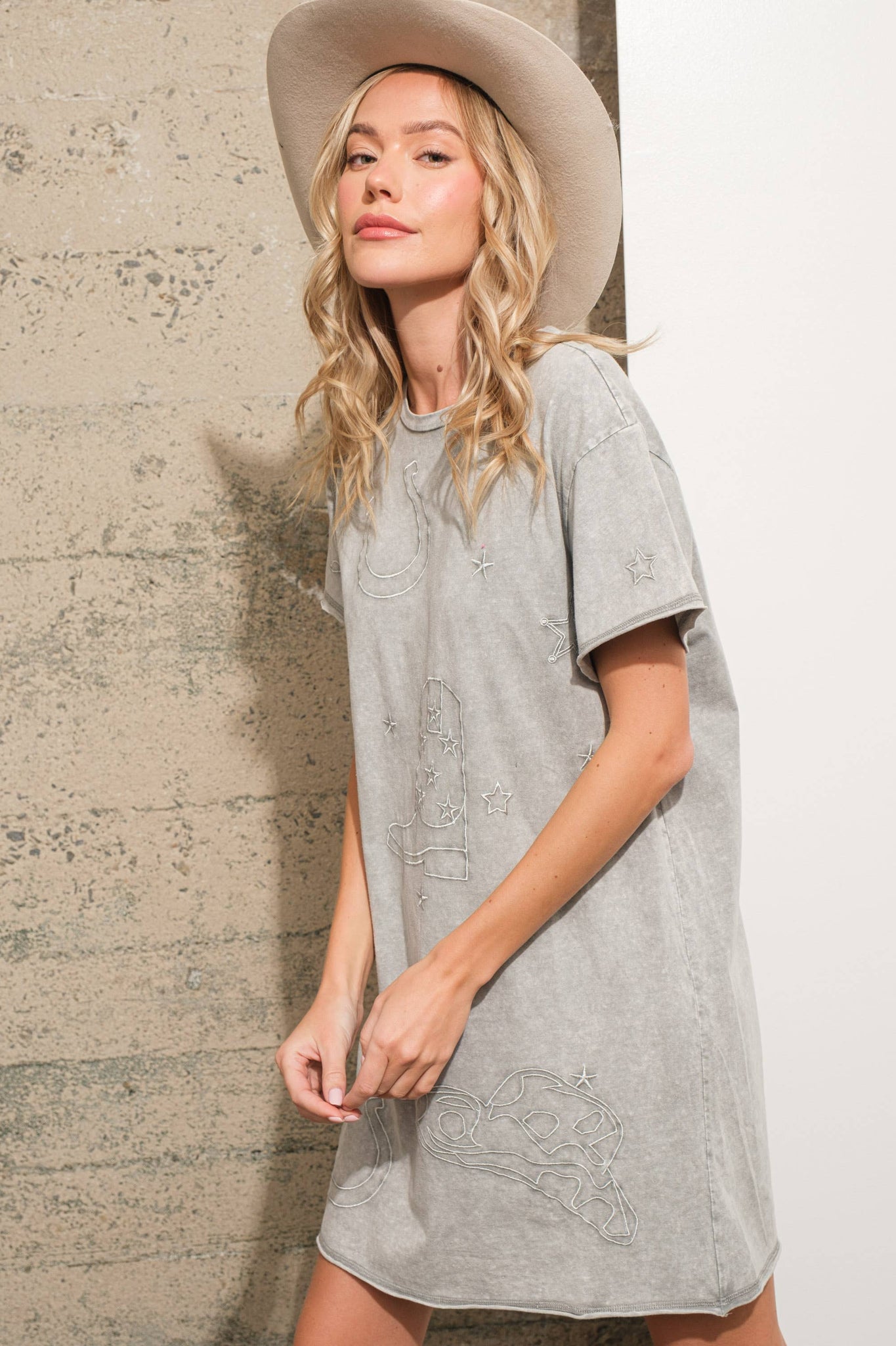 Garment Washed Crew Neck Embroidered T Shirt Dress