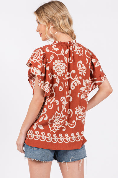 Krysta Floral Ruffle Top- Teracotta