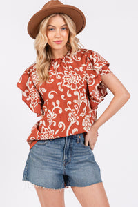 Krysta Floral Ruffle Top- Teracotta