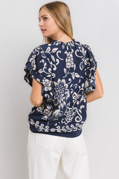 Krysta Floral Ruffle Top- Navy