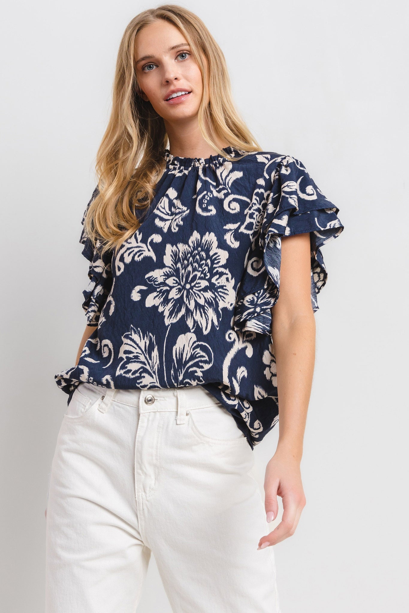 Krysta Floral Ruffle Top- Navy