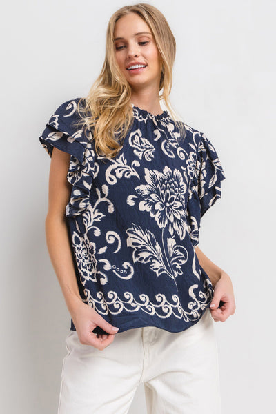 Krysta Floral Ruffle Top- Navy