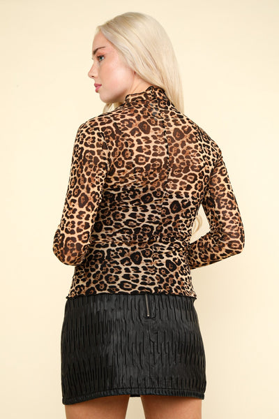 High Neck Leopard Mesh Top