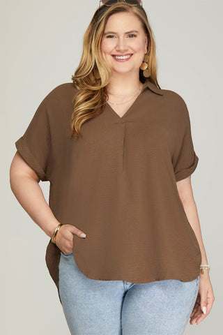 Drea Drop Shoulder Collared Blouse- Curvy