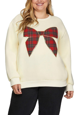 Curvy- Plaid & Sequin Bow Comfy Sweatshirt