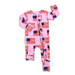 Gigi and Max - Betty Pink Flag Ruffle Zip Bamboo4th of July Sleepies Little
