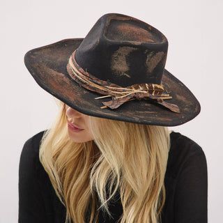 Distressed Fabric Band Feather Cowgirl Fedora Hat