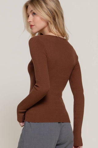 The Long Sleeve V-neck Fitted Viscose Rib Sweater Top