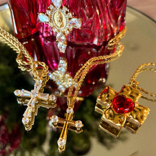 Ruby Hammered Heart Cross Necklace