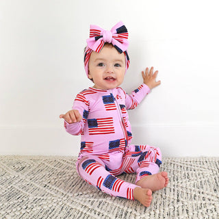 Gigi and Max - Betty Pink Flag Ruffle Zip Bamboo4th of July Sleepies Little