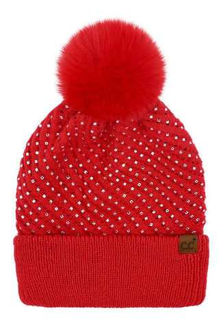 Red C.C Allover Rhinestone Pom Beanie