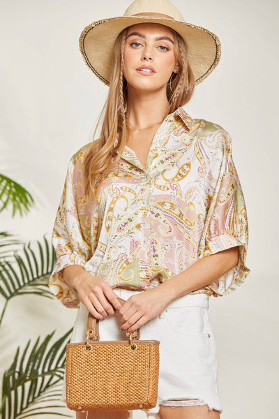 Satin Like Print Top With  Button Up Front