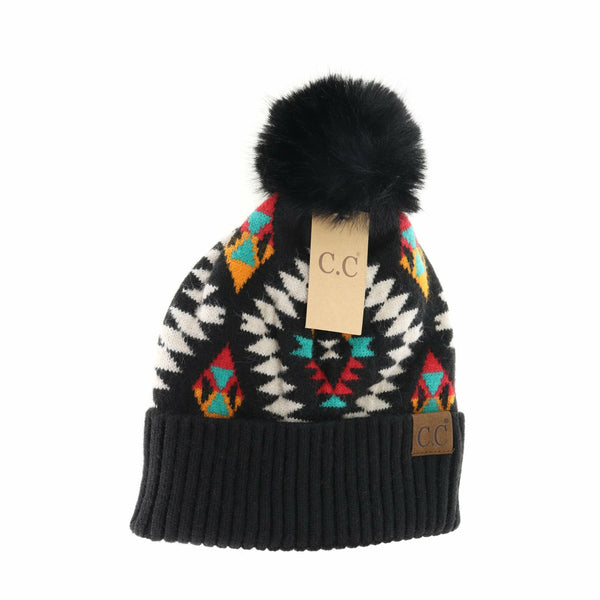 C.C. Aztec Soft Pom Beanie- Black