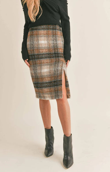 Sage The Label- Delphi Plaid Slit Midi Skirt