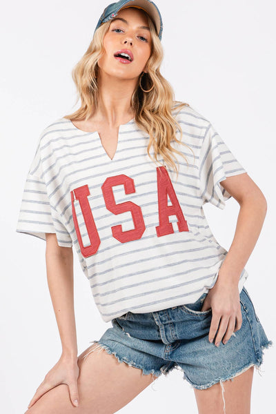 Striped USA Lettering Patch T-Shirts