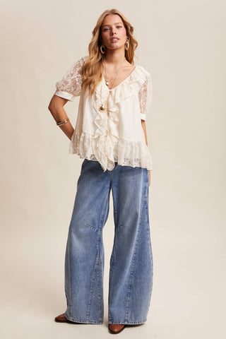 The Lace Trim Ruffle Peplum Blouse