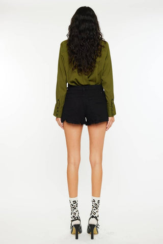 Kan Can HIGH RISE BLACK FRAY HEM DENIM SHORTS