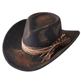 Distressed Fabric Band Feather Cowgirl Fedora Hat