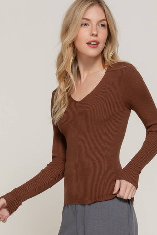 The Long Sleeve V-neck Fitted Viscose Rib Sweater Top