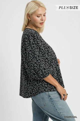 Print Jacquard Top with Puff Sleeves