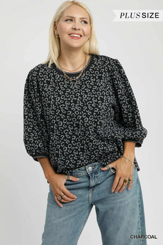 Print Jacquard Top with Puff Sleeves