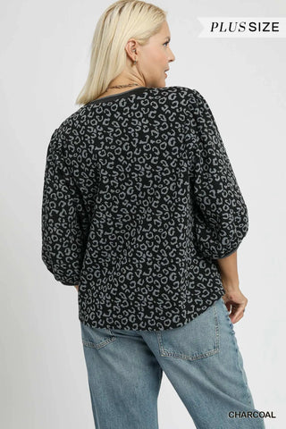 Print Jacquard Top with Puff Sleeves