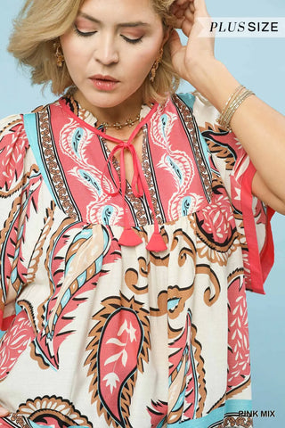 Mix Paisley Border Print Tassel Top