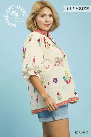 Floral Print V-Neck Smocked Collar