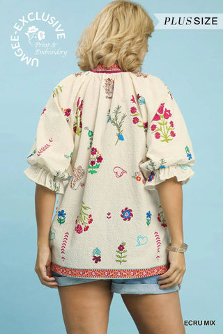 Floral Print V-Neck Smocked Collar