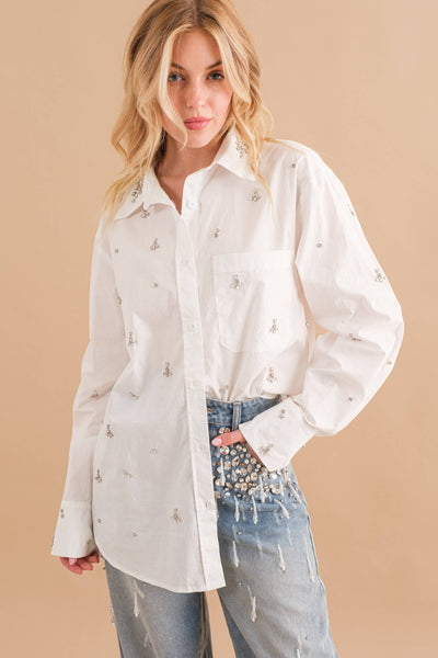 Cotton Poplin Jewel Stud Embellished Shirt Blouse: