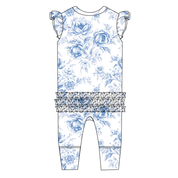 Charlie Lou Baby - Blue Toile Floral | Ruffle Sleeveless Romper | Bamboo