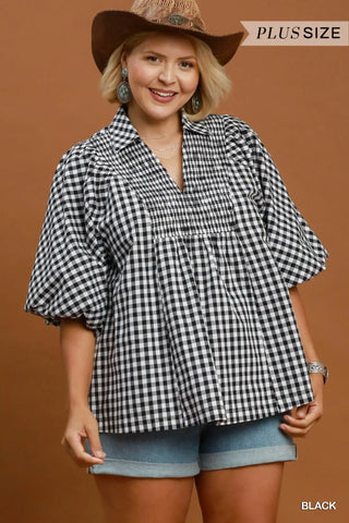 Gingham Smocked Yoke Puff Sleeve Blouse