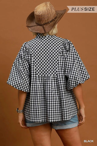 Gingham Smocked Yoke Puff Sleeve Blouse