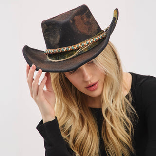 Distressed Fabric Band Rustic Cowgirl Fedora Hat