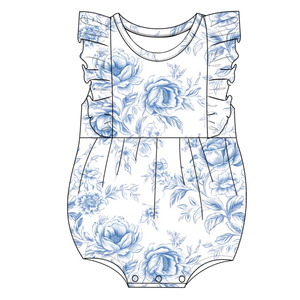 Charlie Lou Baby - Blue Toile Floral | Ruffle Bodysuit | Bubble Onesie | Bamboo