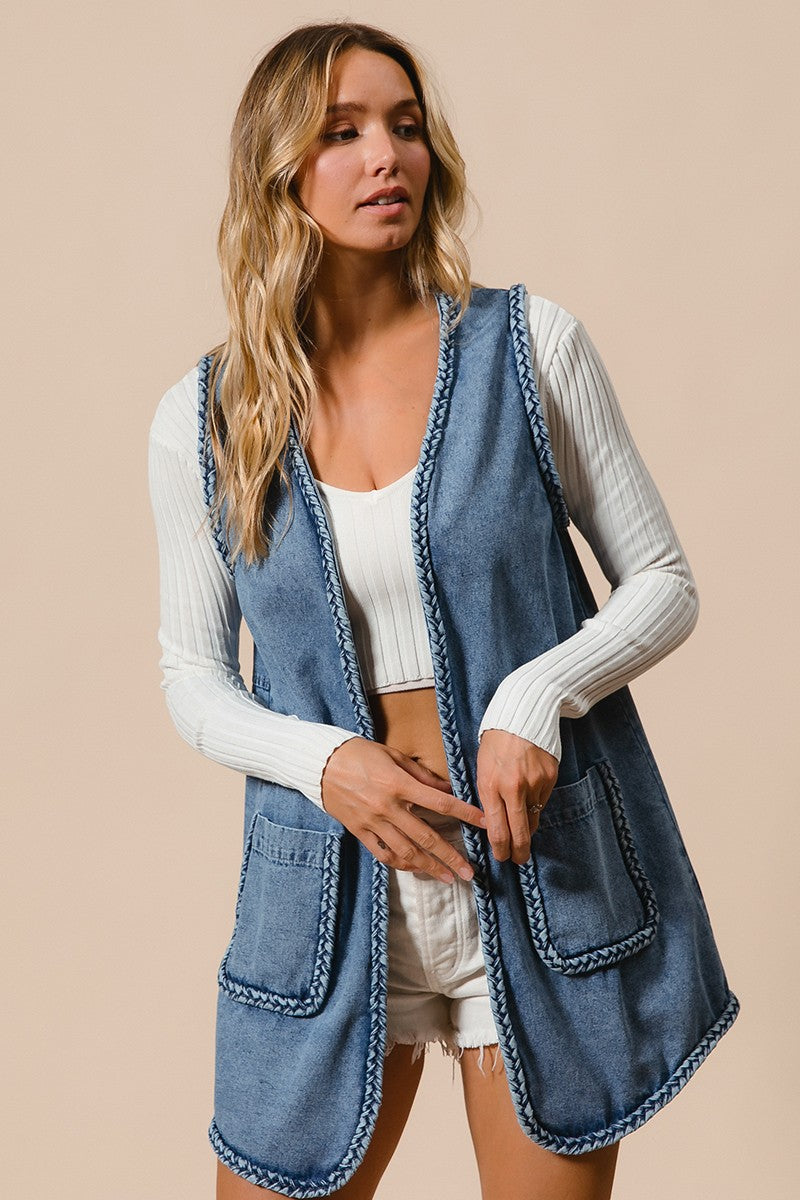 Brenda Braided Denim Long Vest