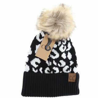 Leopard Pattern Fur Pom Beanie
