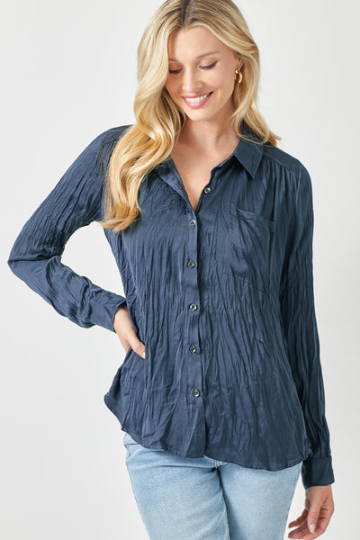 Crishelle Crinkle Satin Top- Navy