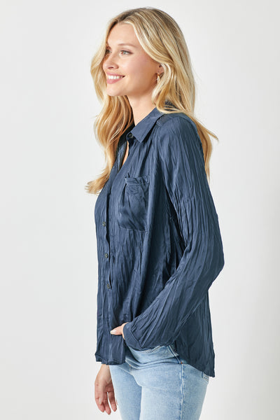 Crishelle Crinkle Satin Top- Navy