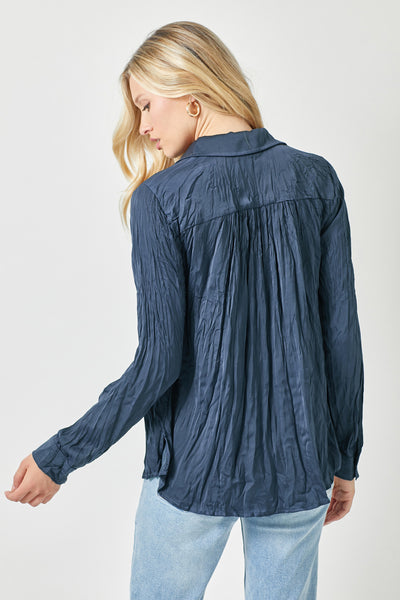 Crishelle Crinkle Satin Top- Navy