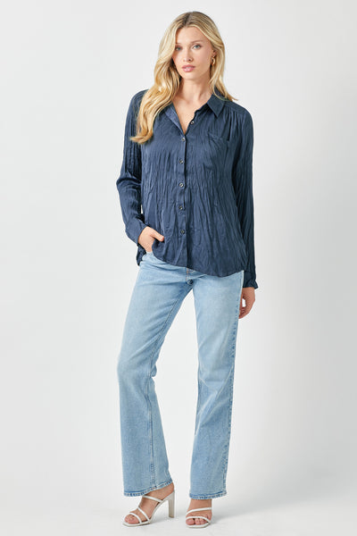 Crishelle Crinkle Satin Top- Navy