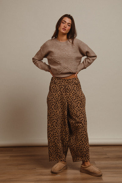 Lorraine Washed Leopard Denim Mid RIse Barrel Pants