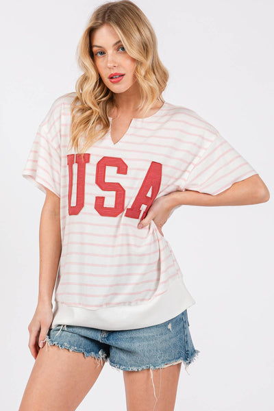 Striped USA Lettering Patch T-Shirts