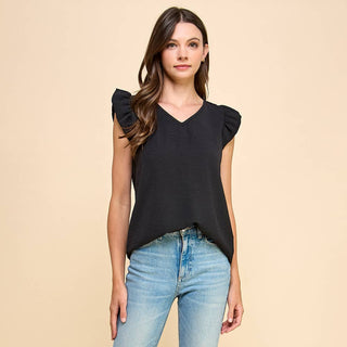 Solid Top with V neck Detail and Ruffled Sleeves