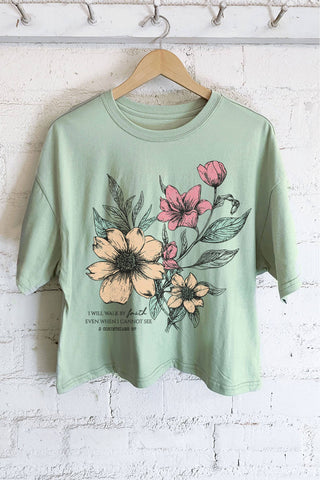 I WILL WALK FAITH FLORAL GRAPHIC LONG CROP TOP