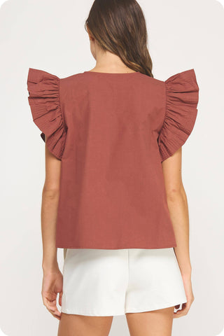 the Strut Flutter Ruffle Sleeve Poplin Top
