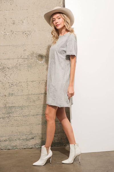 Garment Washed Crew Neck Embroidered T Shirt Dress