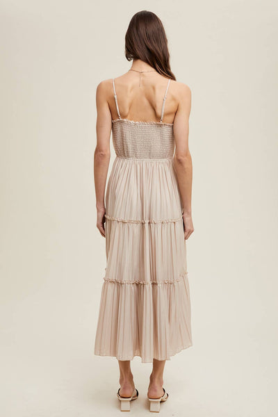 PLEATED TIERED MAXI DRESS WITH RUFFLE DETAIL